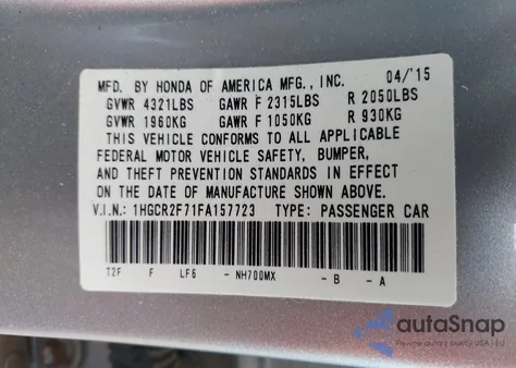 2015 Honda Accord Ex from USA, damaged, VIN 1HGCR2F71FA157723